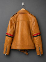Brown Striped Leather Biker Jacket - Image 2